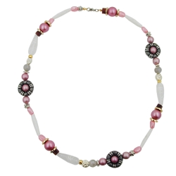 Kette altsilberfarbene Ringperle rosa-wei-altsilber-gold Kunststoff 60cm