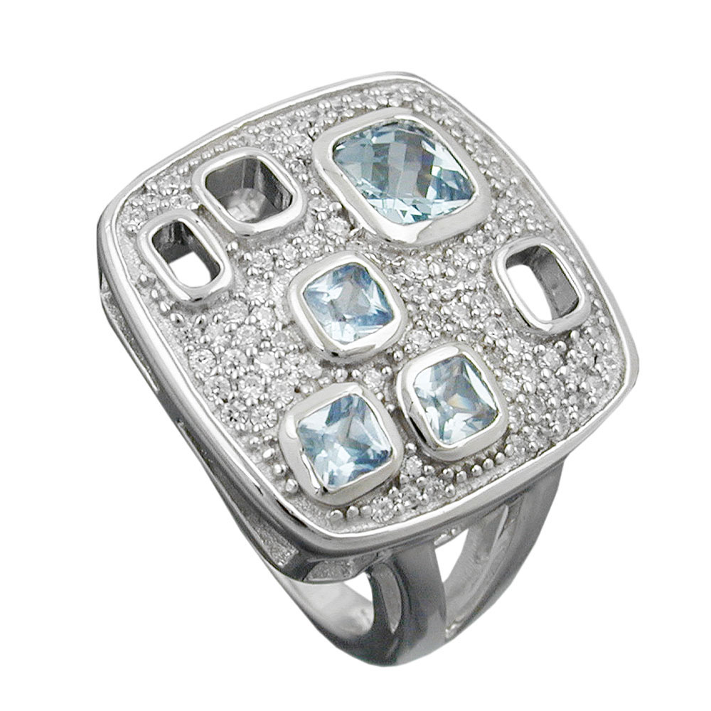 Ring 18mm Viereck Zirkonias aqua weiß glänzend rhodiniert Silber 925 Ringgröße 54