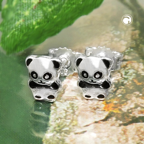 Boucle d'oreille clou 6x5mm petit ours panda peint en noir brillant argent 925